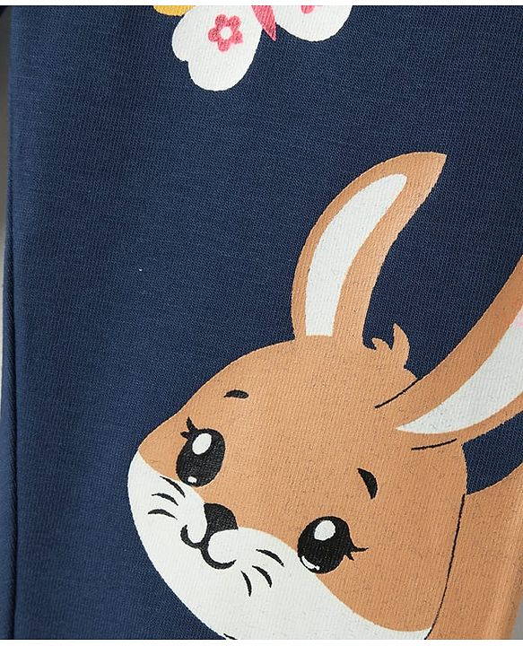 Babyhug Cotton Lycra Knit Full Length Leggings with Bunny Print - Navy Blue
