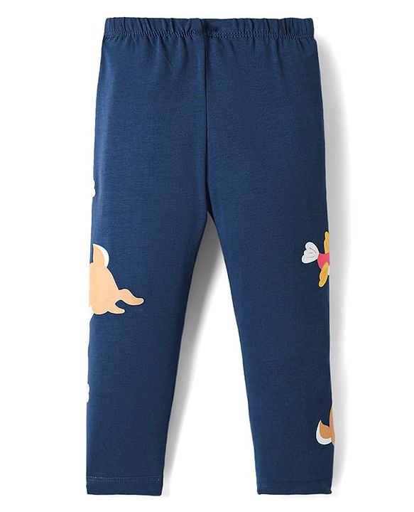 Babyhug Cotton Lycra Knit Full Length Leggings with Bunny Print - Navy Blue