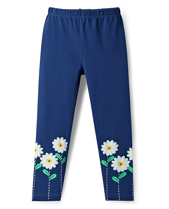 Babyhug Cotton Lycra Full Length Leggings With Floral Print - Navy Blue