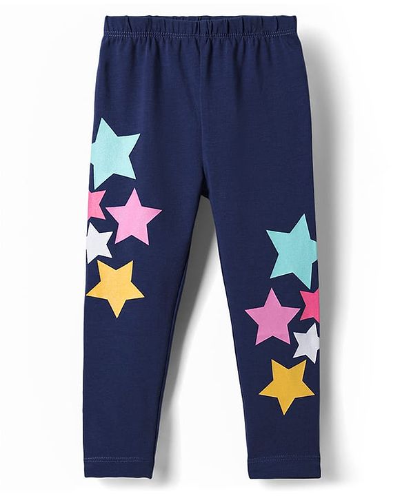 Babyhug Cotton Lycra Knit Full Length Leggings with Star Print - Navy Blue