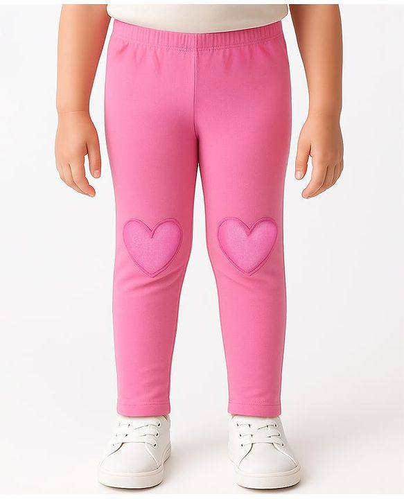 Babyhug Cotton Lycra Knit Full Length Leggings with Heart Embroidery - Pink