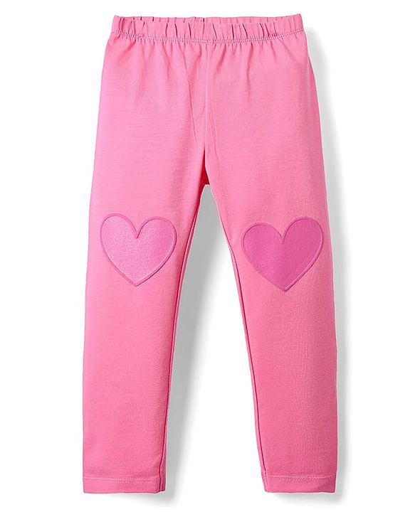Babyhug Cotton Lycra Knit Full Length Leggings with Heart Embroidery - Pink