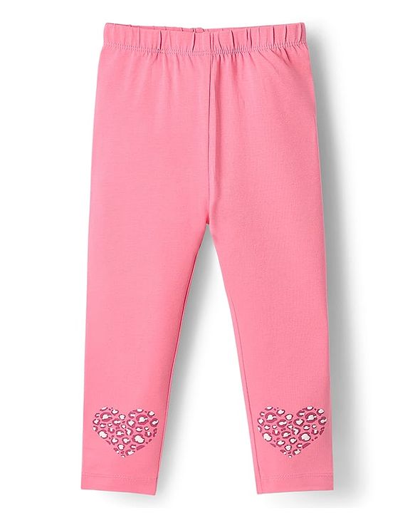 Babyhug Cotton Knit Full Length Leggings with Heart Print - Pink