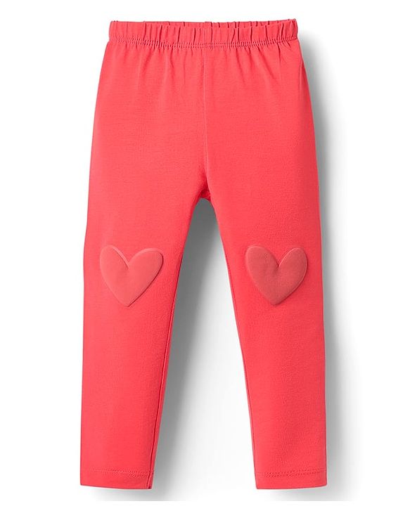 Babyhug Cotton Lycra Knit Full Length Leggings With Heart Patch - Dark Pink