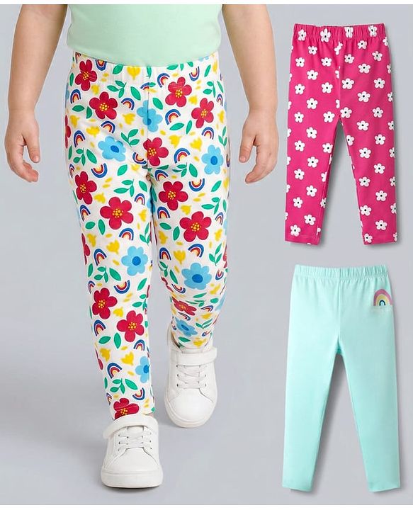 Babyhug Cotton Lycra Knit Full Length Floral & Rainbow Printed Leggings Pack of 3 - Multicolor