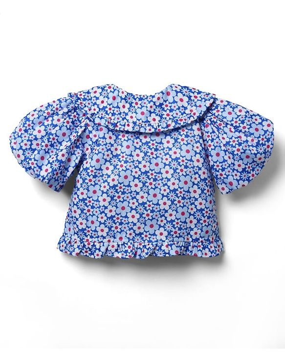 Babyhug Woven Half Puffed Sleeves Peter Pan Collared Crop Top with Floral Print - Blue