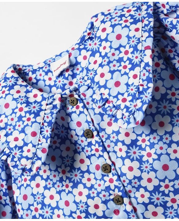Babyhug Woven Half Puffed Sleeves Peter Pan Collared Crop Top with Floral Print - Blue