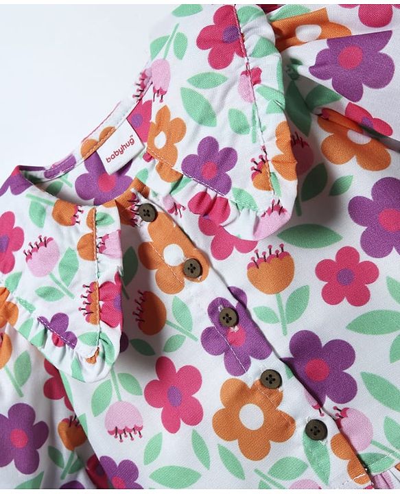Babyhug Woven Half Puffed Sleeves Peter Pan Collared Crop Top with Floral Print - White