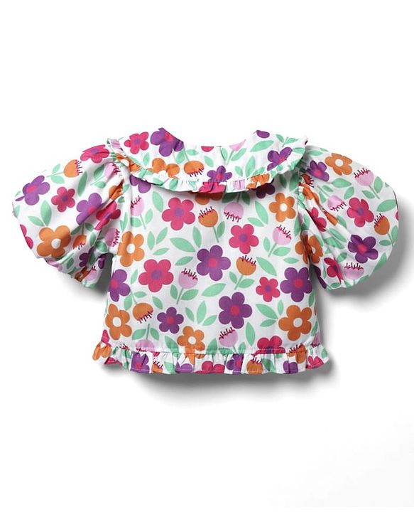 Babyhug Woven Half Puffed Sleeves Peter Pan Collared Crop Top with Floral Print - White