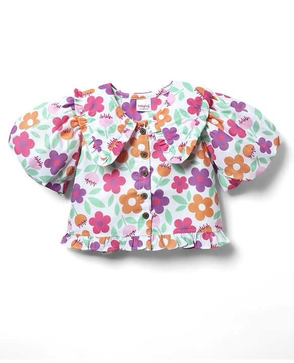Babyhug Woven Half Puffed Sleeves Peter Pan Collared Cropped Top with ...