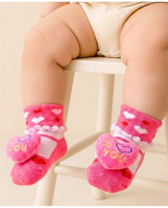 Cute Walk by Babyhug Socks With Heart Print & Applique - Dark Pink