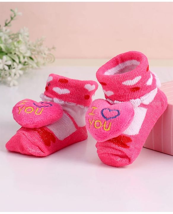 Cute Walk by Babyhug Socks With Heart Print & Applique - Dark Pink