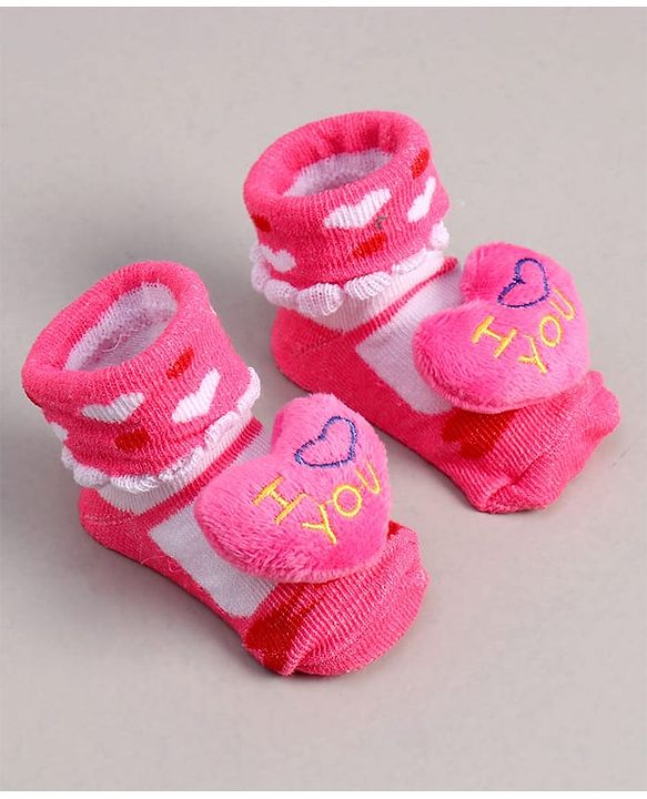 Cute Walk by Babyhug Socks With Heart Print & Applique - Dark Pink