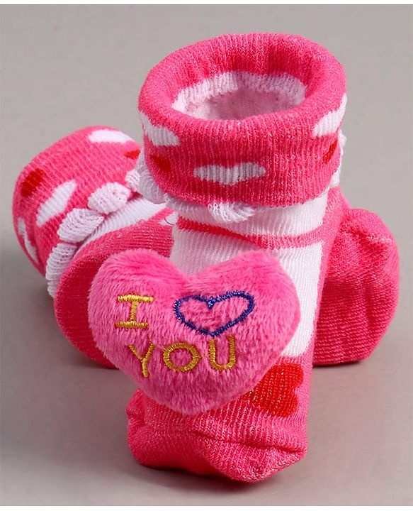 Cute Walk by Babyhug Socks With Heart Print & Applique - Dark Pink