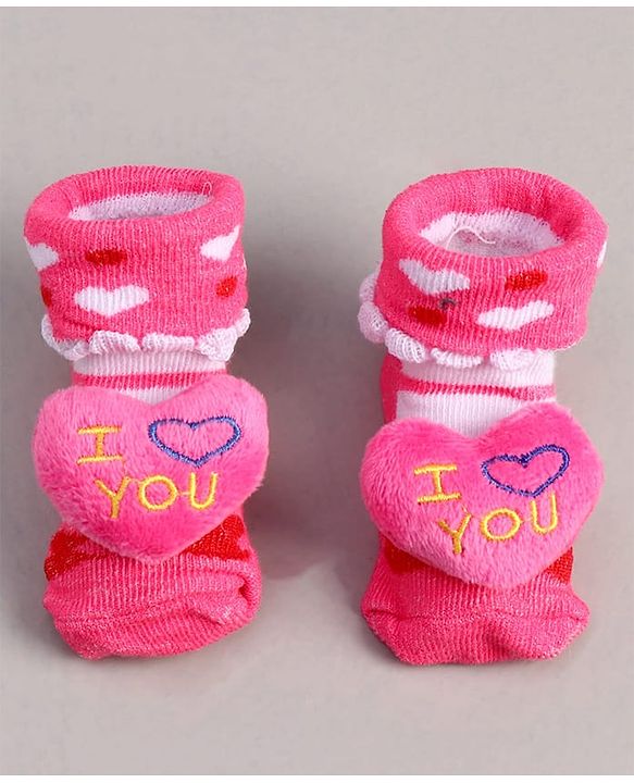 Cute Walk by Babyhug Socks With Heart Print & Applique - Dark Pink