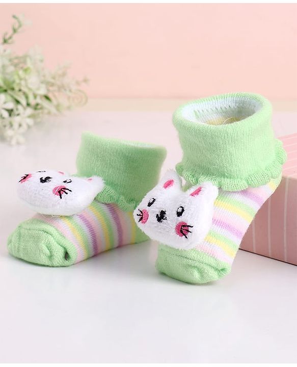 Cute Walk by Babyhug Socks With Stripes & Kitty Applique - Light Green