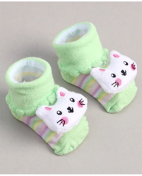 Cute Walk by Babyhug Socks With Stripes & Kitty Applique - Light Green