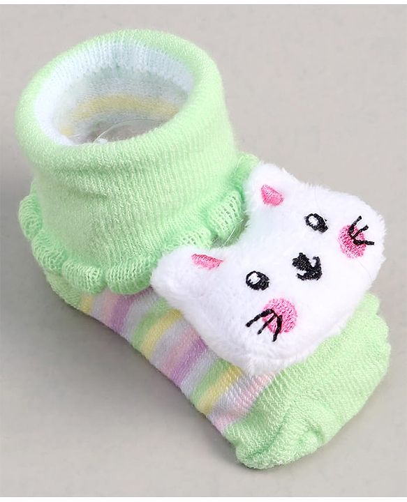 Cute Walk by Babyhug Socks With Stripes & Kitty Applique - Light Green
