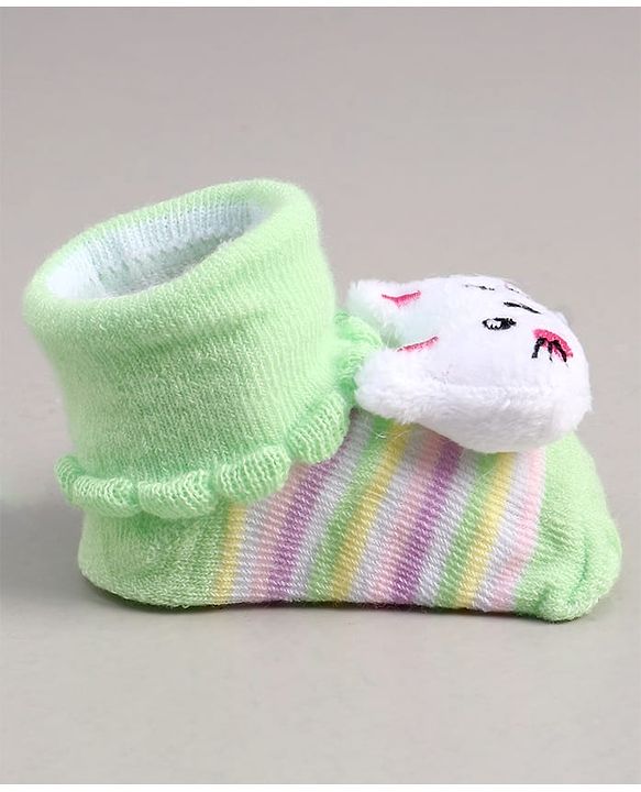 Cute Walk by Babyhug Socks With Stripes & Kitty Applique - Light Green