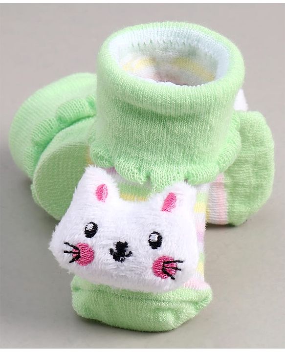 Cute Walk by Babyhug Socks With Stripes & Kitty Applique - Light Green