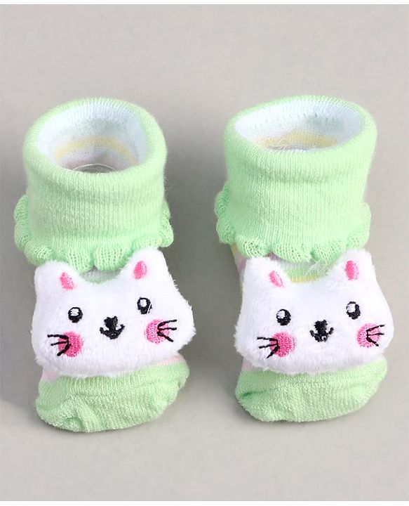 Cute Walk by Babyhug Socks With Stripes & Kitty Applique - Light Green