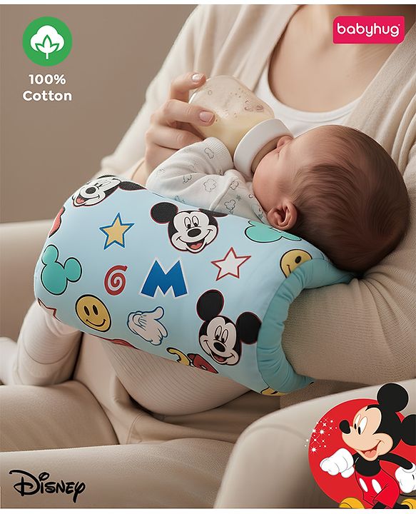 Babyhug Disney Nursing Baby Arm Pillow | Head Support Pillow Anti-Spitting Breastfeeding and Bottle Feeding Nursing Arm Pillow  | Smiley Mickey Face Print - Light Blue