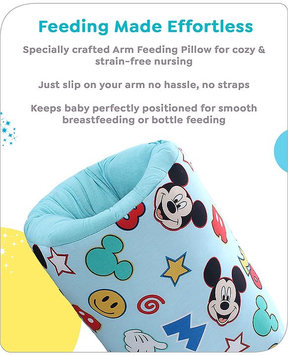 Babyhug Disney Nursing Baby Arm Pillow | Head Support Pillow Anti-Spitting Breastfeeding and Bottle Feeding Nursing Arm Pillow  | Smiley Mickey Face Print - Light Blue