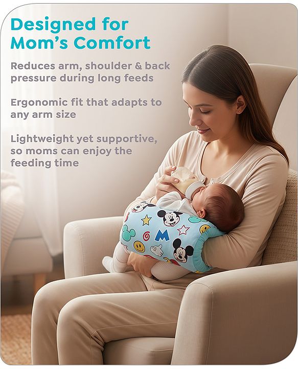 Babyhug Disney Nursing Baby Arm Pillow | Head Support Pillow Anti-Spitting Breastfeeding and Bottle Feeding Nursing Arm Pillow  | Smiley Mickey Face Print - Light Blue