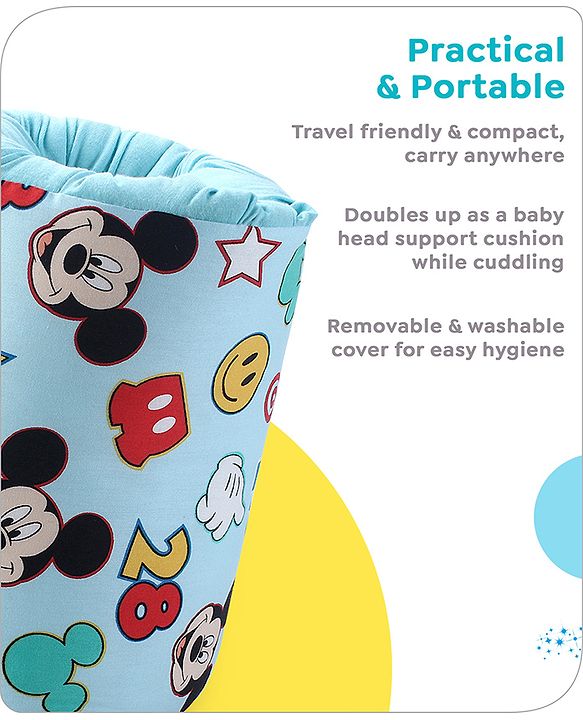Babyhug Disney Nursing Baby Arm Pillow | Head Support Pillow Anti-Spitting Breastfeeding and Bottle Feeding Nursing Arm Pillow  | Smiley Mickey Face Print - Light Blue