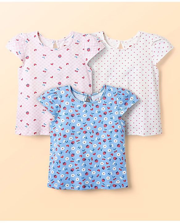 Babyhug 100% Cotton Knit Half Sleeves T-Shirts with Tropical Theme Polka Dots Print & Checks Pack of 3 - Light Blue Pink & White