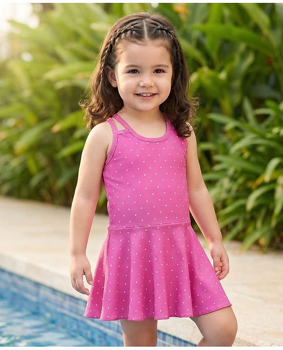 Babyhug Water Repellant Sleeveless Frock Style Swimsuit  With Polka Dot Print - Pink