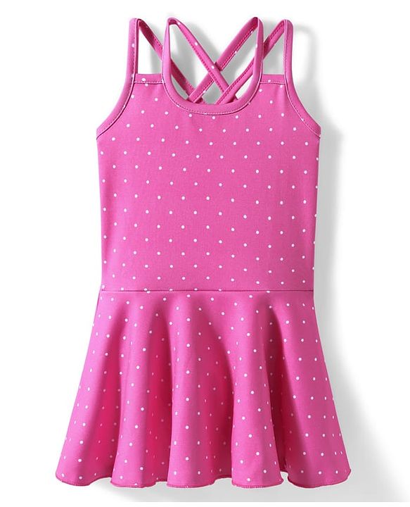 Babyhug Water Repellant Sleeveless Frock Style Swimsuit  With Polka Dot Print - Pink