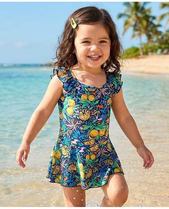 Babyhug Frill Sleeves Water Repellent Frock Swimsuit with Tropical Theme Print - Navy Blue