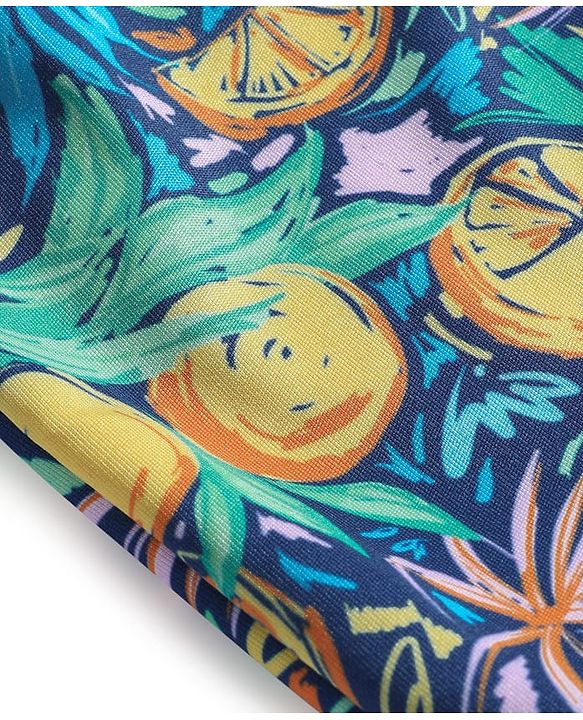 Babyhug Frill Sleeves Water Repellent Frock Swimsuit with Tropical Theme Print - Navy Blue