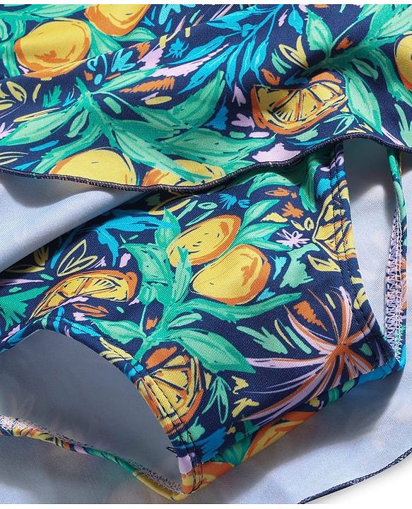 Babyhug Frill Sleeves Water Repellent Frock Swimsuit with Tropical Theme Print - Navy Blue