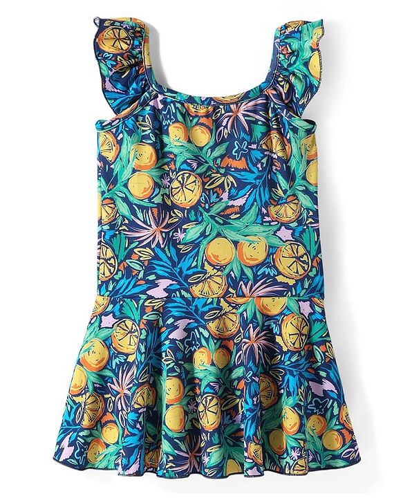 Babyhug Frill Sleeves Water Repellent Frock Swimsuit with Tropical Theme Print - Navy Blue