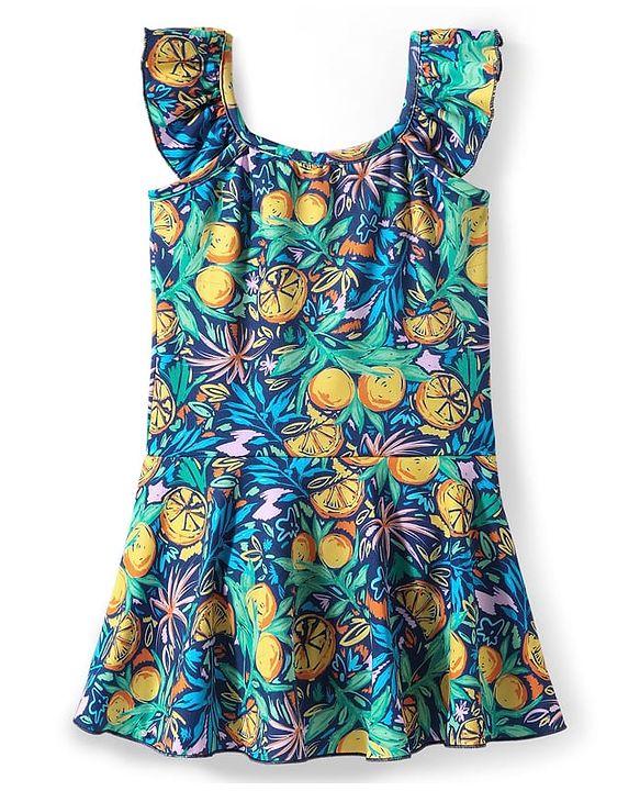 Babyhug Frill Sleeves Water Repellent Frock Swimsuit with Tropical Theme Print - Navy Blue