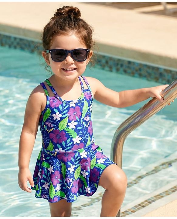 Babyhug Water Repellant Sleeveless Frock Swimsuit With Floral Print - Purple