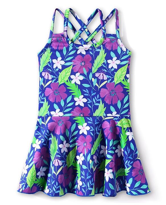 Babyhug Water Repellant Sleeveless Frock Swimsuit With Floral Print - Purple