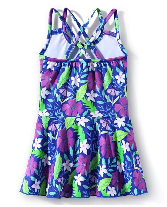 Babyhug Water Repellant Sleeveless Frock Swimsuit With Floral Print - Purple