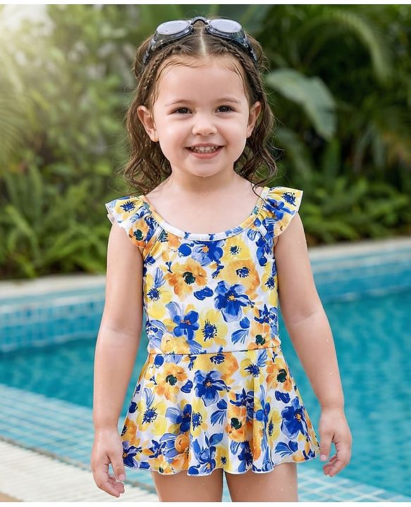 Babyhug Frill Sleeves Water Repellent Frock Swimsuit with Floral Print - White