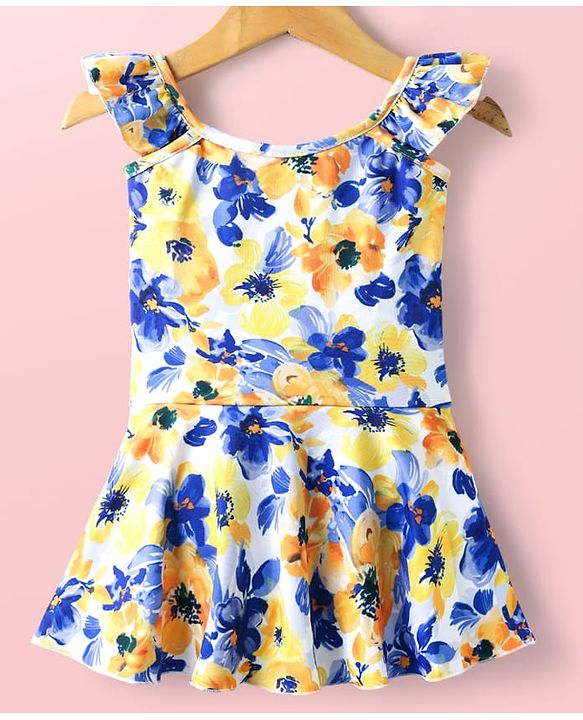 Babyhug Frill Sleeves Water Repellent Frock Swimsuit with Floral Print - White