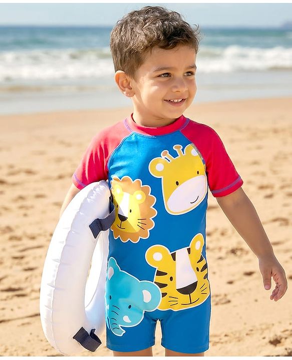 Babyhug Half Raglan Sleeves Legged Swimsuit with Animal Print - Navy Blue & Red