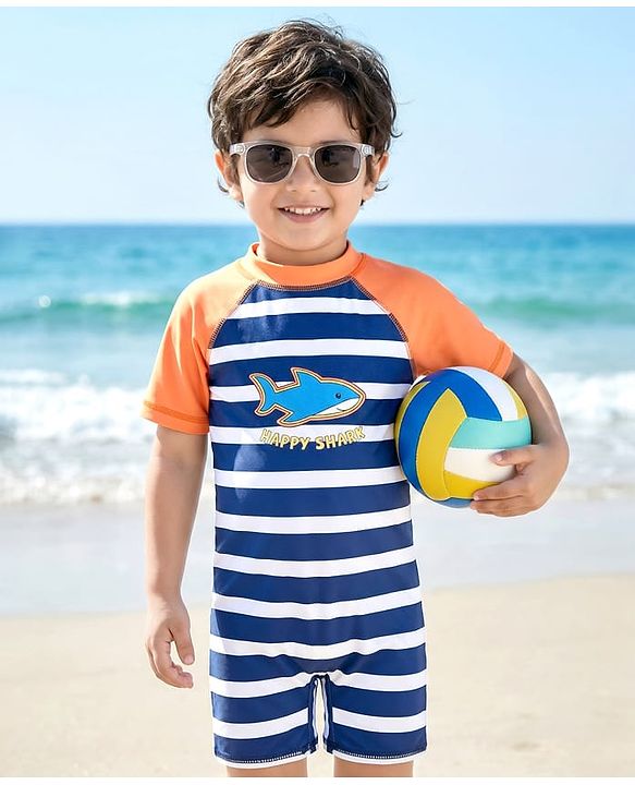 Babyhug Water Repellant Half Sleeves Legged Swimsuit With Stripes & Fish Print - Blue