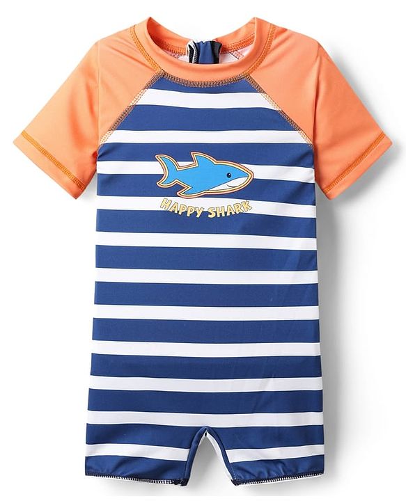 Babyhug Water Repellant Half Sleeves Legged Swimsuit With Stripes & Fish Print - Blue
