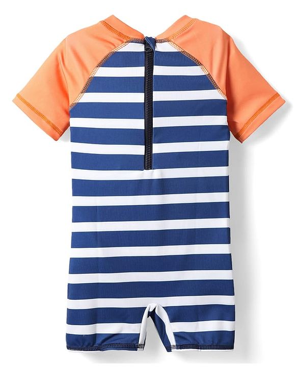 Babyhug Water Repellant Half Sleeves Legged Swimsuit With Stripes & Fish Print - Blue