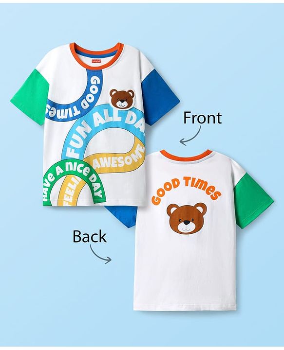 Babyhug 100% Cotton Knit Half Drop Shoulder Sleeves T-Shirt with Text Print - White
