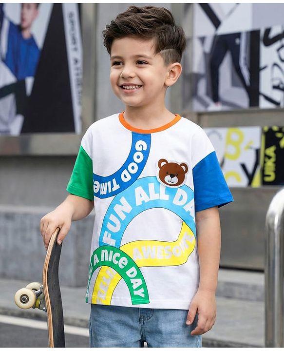 Babyhug 100% Cotton Knit Half Drop Shoulder Sleeves T-Shirt with Text Print - White
