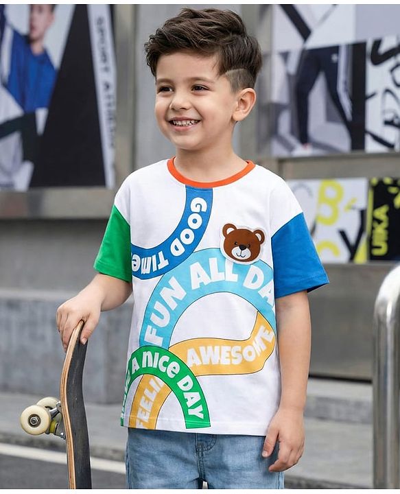 Babyhug 100% Cotton Knit Half Drop Shoulder Sleeves T-Shirt with Text Print - White