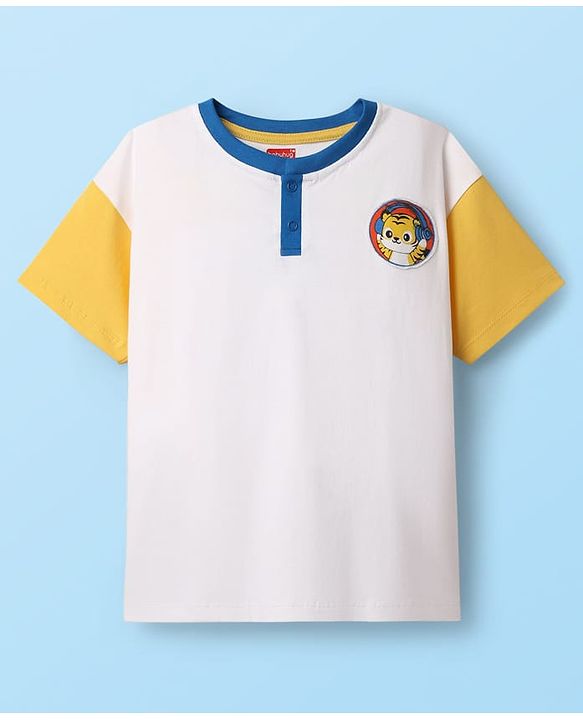 Babyhug 100% Cotton Knit Half Drop Shoulder Sleeves Henley T-Shirt with Front & Back Animal Print - White